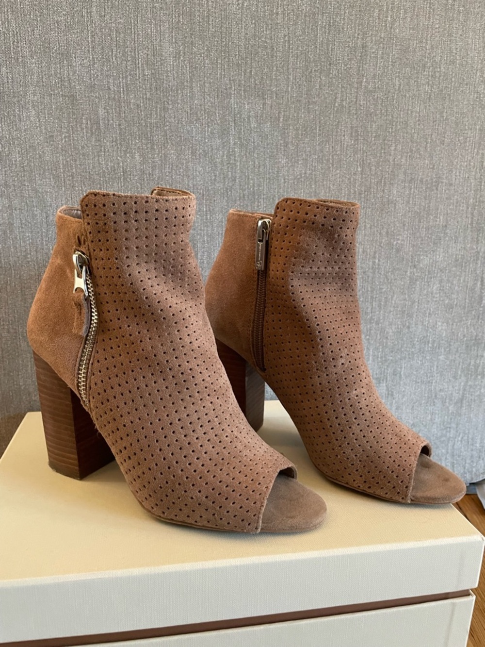 Jessica Simpson Taupe Perforated Suede Peep-Toe Ankle Booties